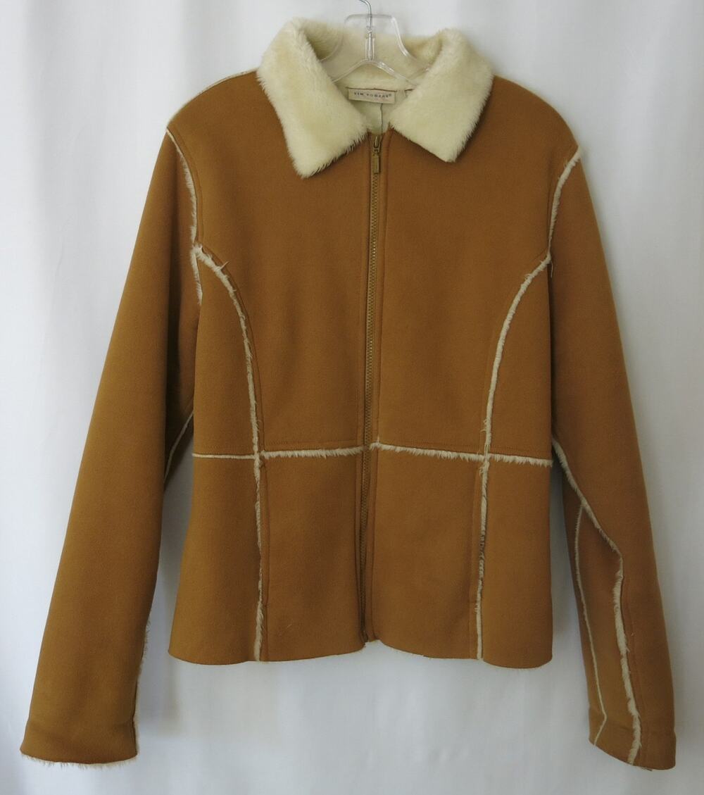 VINTAGE Kim Rogers Y2K Jacket Faux Suede Size M Women Tan Brown Faux Fur Trim